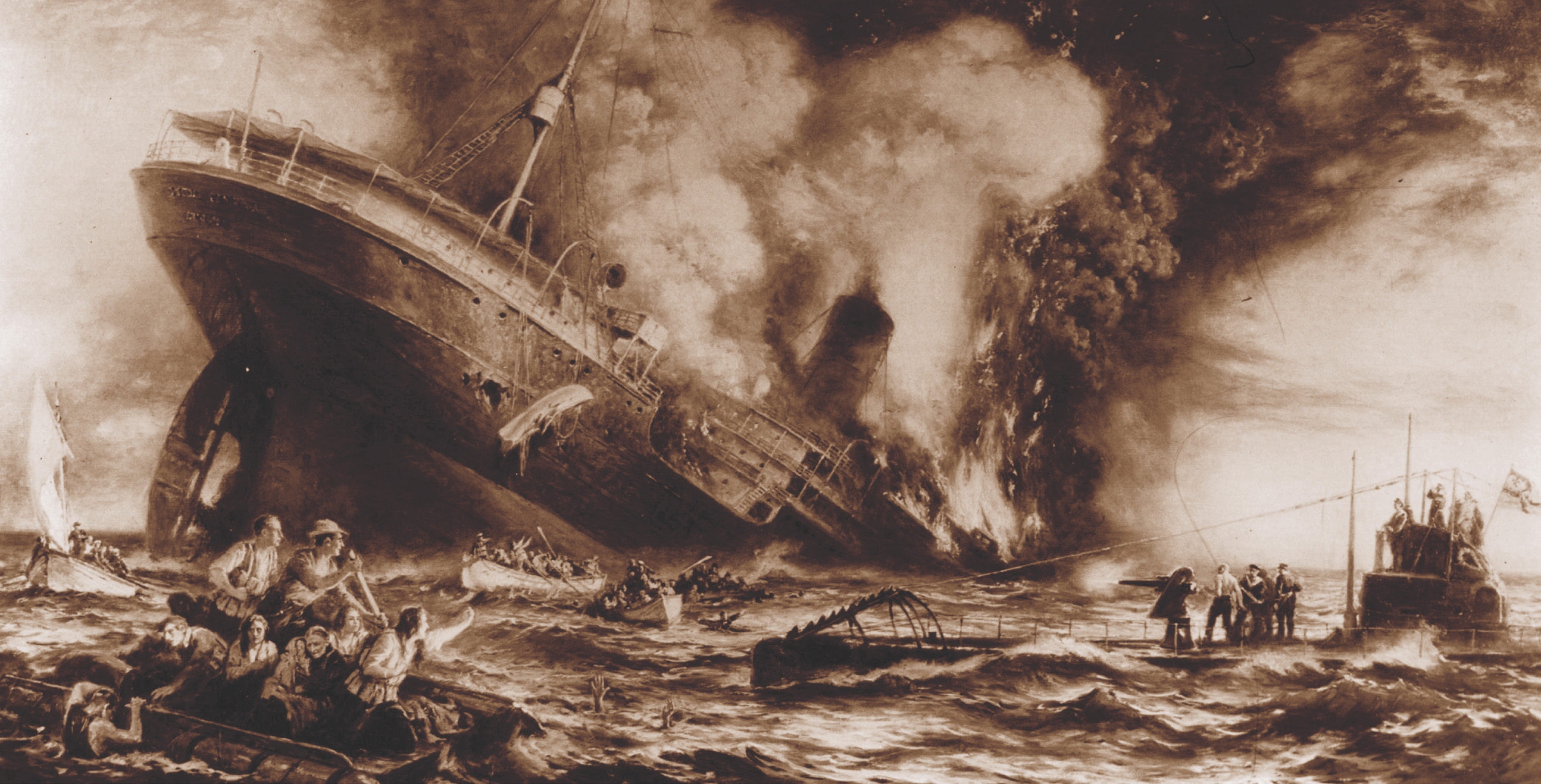 Painting: As the Lusitania sinks, survivors crowd into lifeboats.