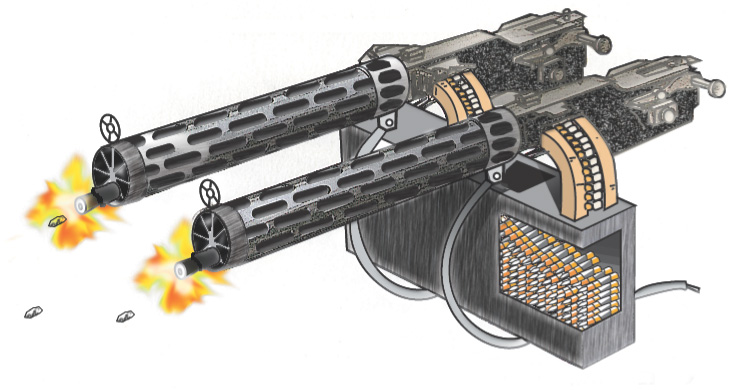 Illustration: A machine gun fires from two barrels