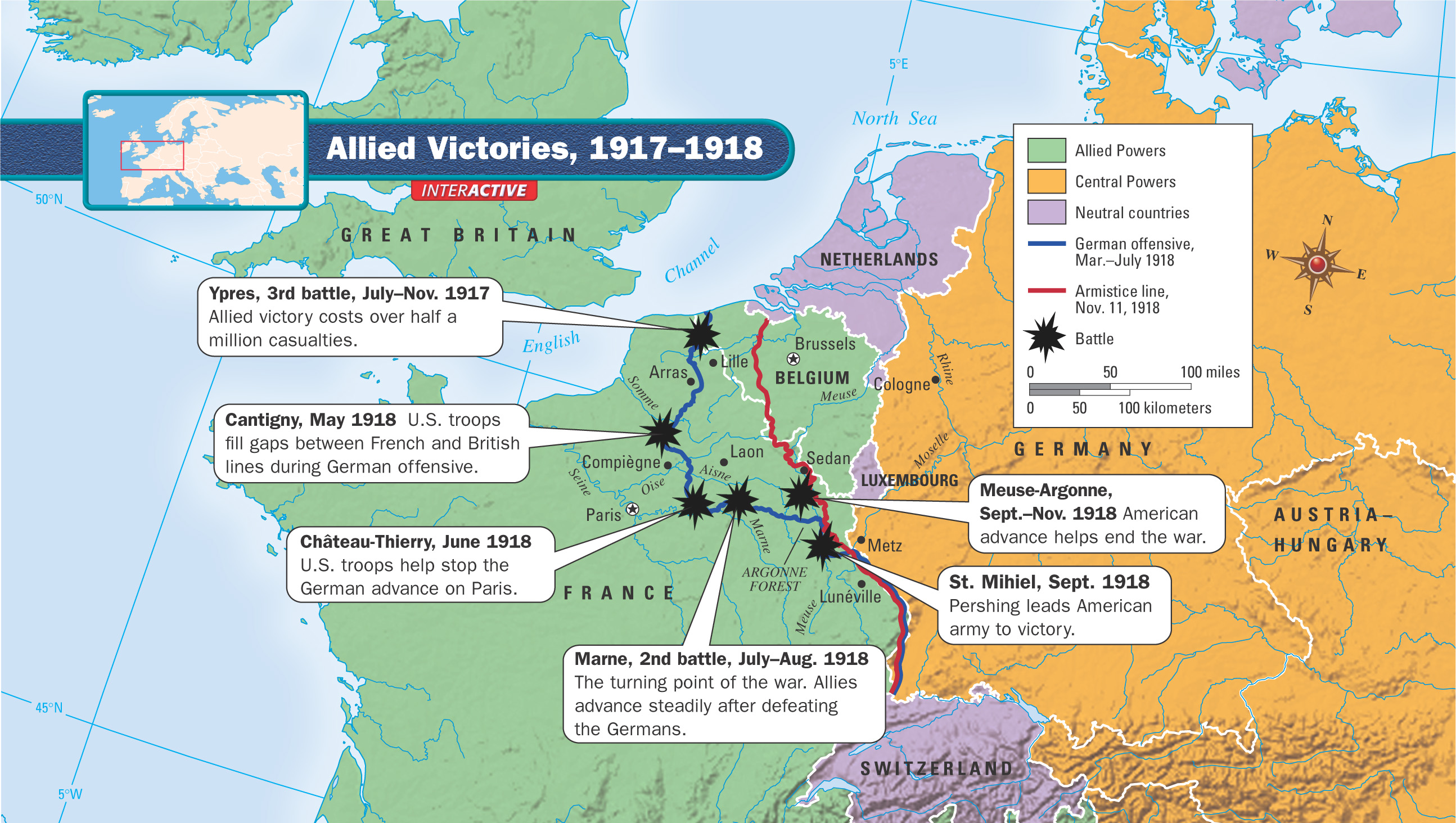 Map of Europe: shows Allied Victories 1917 - 1918: 6 battles in northeastern France along the German offensive line and the Armistice line