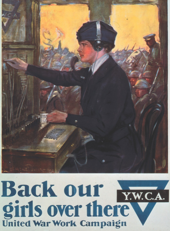 Poster: A woman wearing headphones works at a switchboard. Slogan: Back our girls over there.