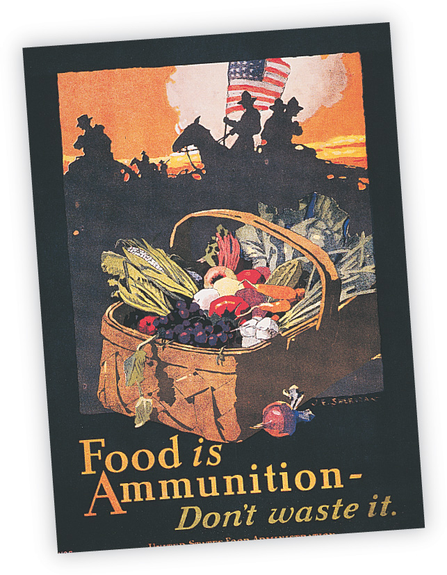 Poster: basket of vegetables with slogan 'Food is Ammunition - Don't waste it.'