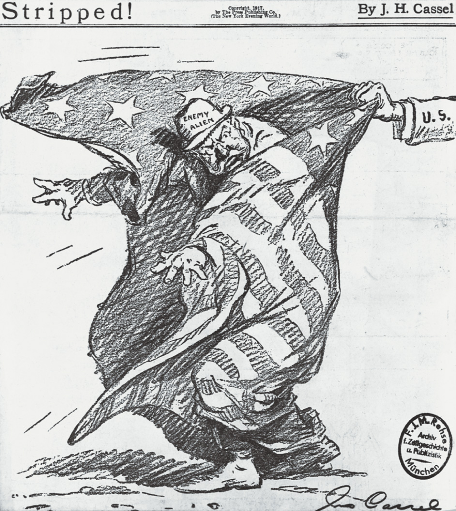 Cartoon entitled Stripped: A hand labeled U.S. pulls an American flag from around a man labeled ememy alien.  