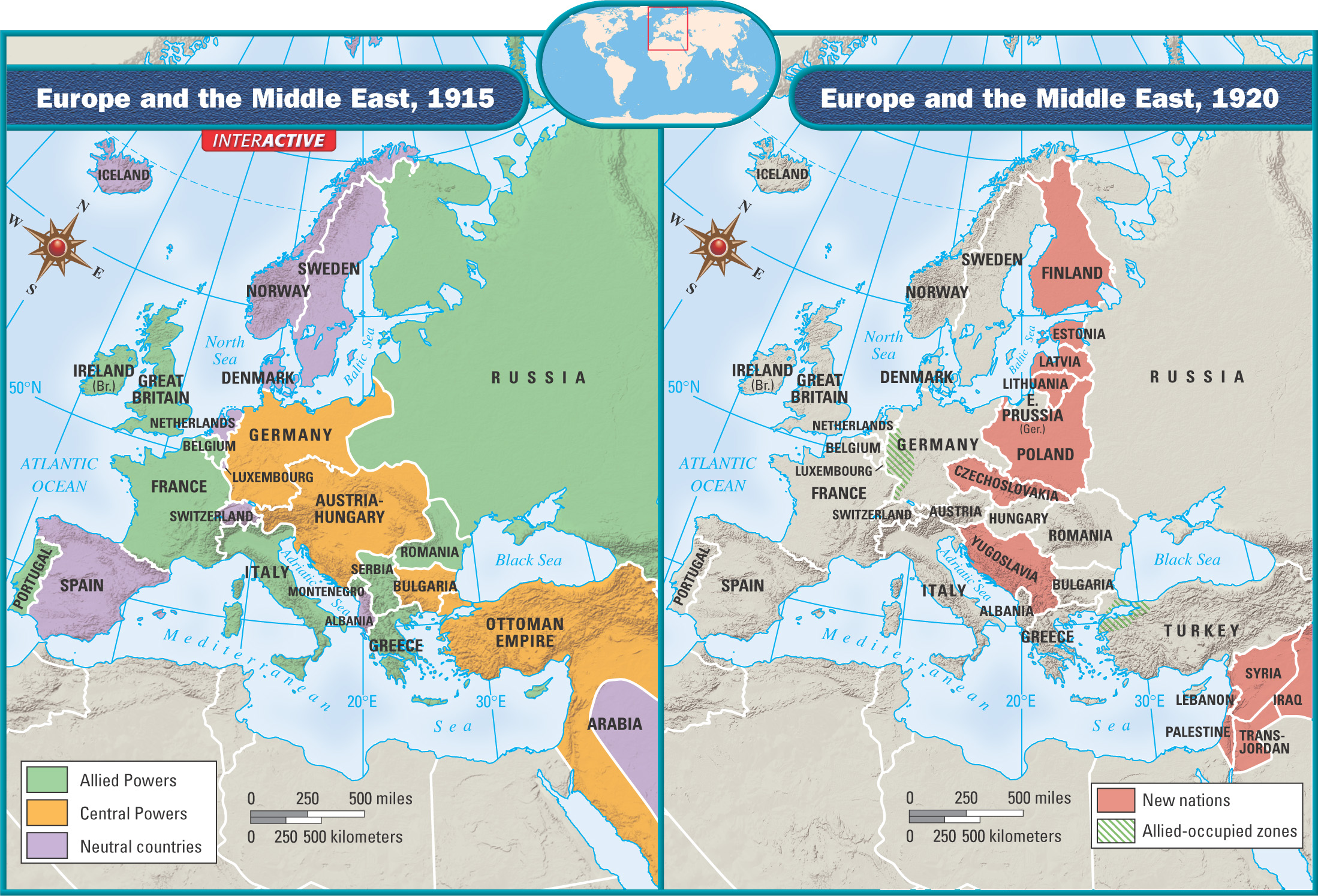 2 maps: Europe and the Middle East in 1915 and 1920