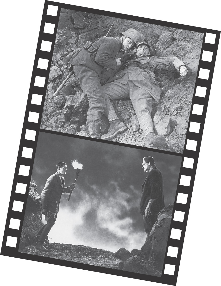 2 photos: first, two soldiers in a trench. second, a villager with a torch and the Frankenstein monster