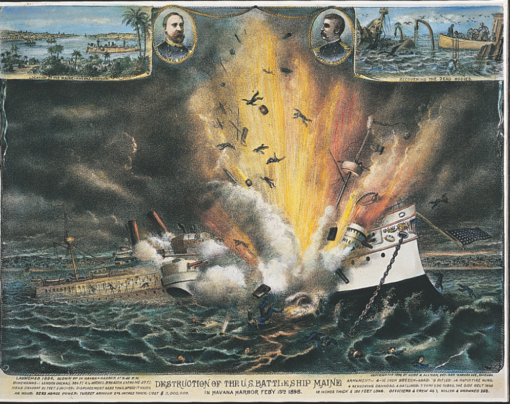 Painting entitled Destruction of the U.S. Battleship Maine depicts bodies flying out of an exploding ship. Insets show Havana harbor and recovery of dead bodies. 