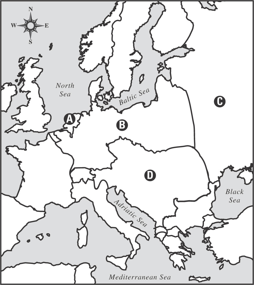 Map: shows 4 countries labeled A, B, C, D.  A Netherlands. B Germany. C Russia. D Austria-Hungary.
