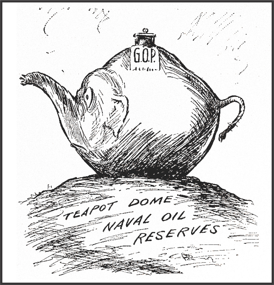Cartoon: elephant-shaped G.O.P. teapot sits atop a mound labeled Teapot Dome Naval Oil Reserves
