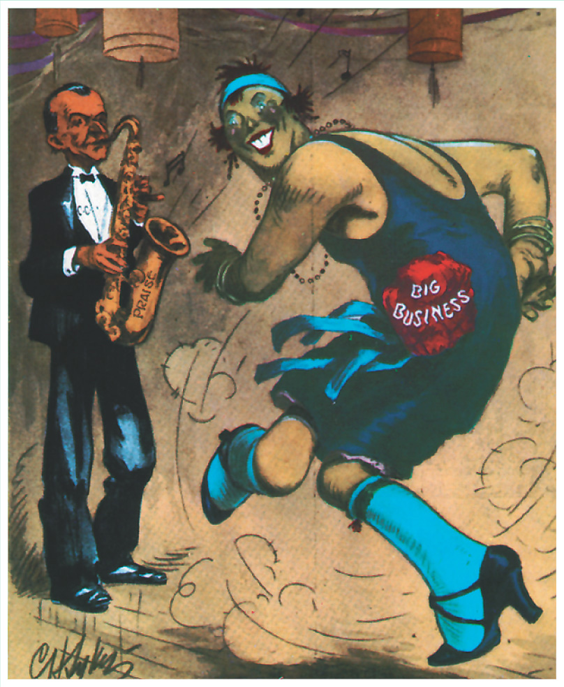 Cartoon: Coolidge plays a saxophone labeled Praise as a flapper labeled Big Business dances
