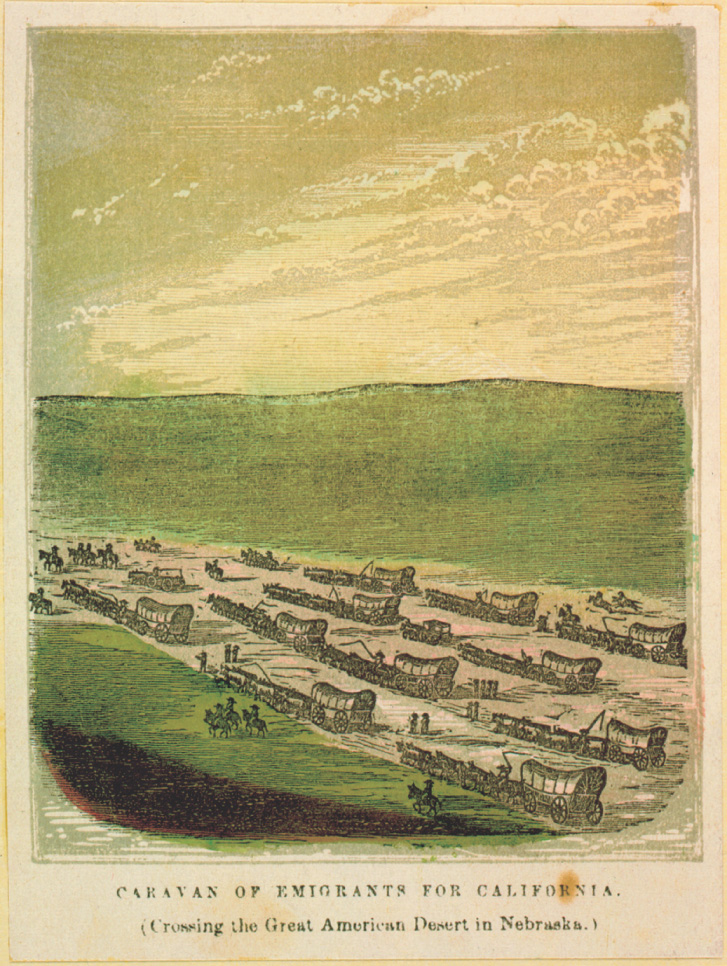 Illustration: Caravan of Emigrants for California, crossing the Great American Desert in Nebraska