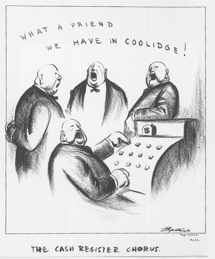 Cartoon: four businessmen comprising the Cash Register Chorus sing What a Friend we Have in Coolidge!