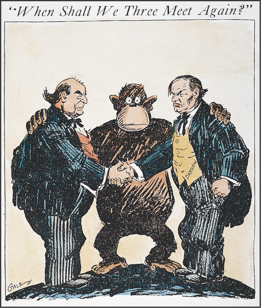 Cartoon: Bryan and Darrow shake hands next to a monkey. A title: When shall we three meet again?