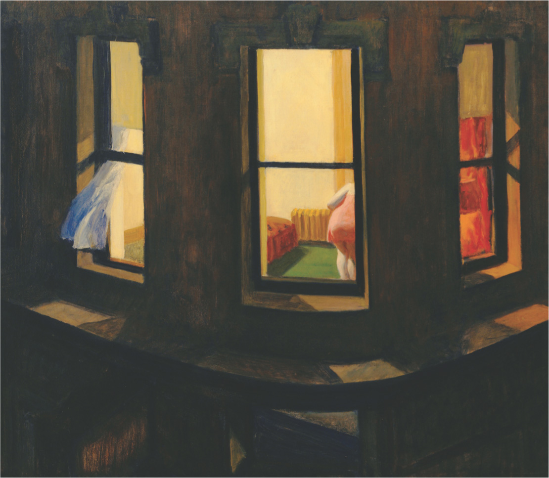 Painting: view through a window of a woman alone in her apartment