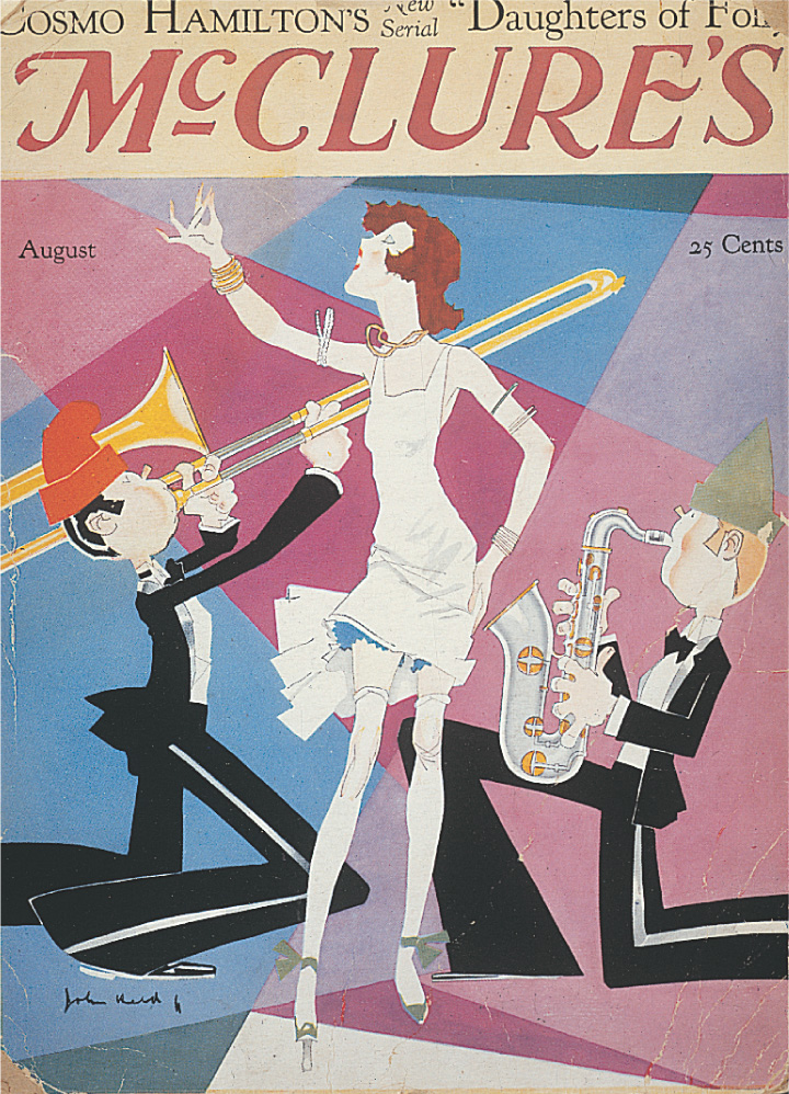 Magazine cover illustration: a woman wearing a short dress snaps her fingers as musicians play