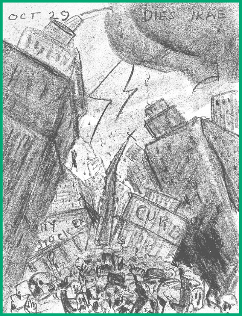 Cartoon: On October 29, people flee the crumbling NY Stock Exchange