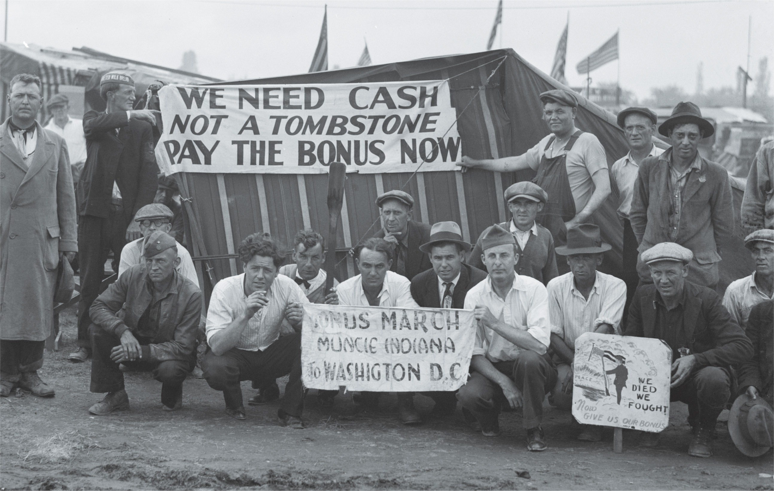 Photo: Bonus Army shantytown with banners: We need cash, not a tombstone. Pay the bonus now.