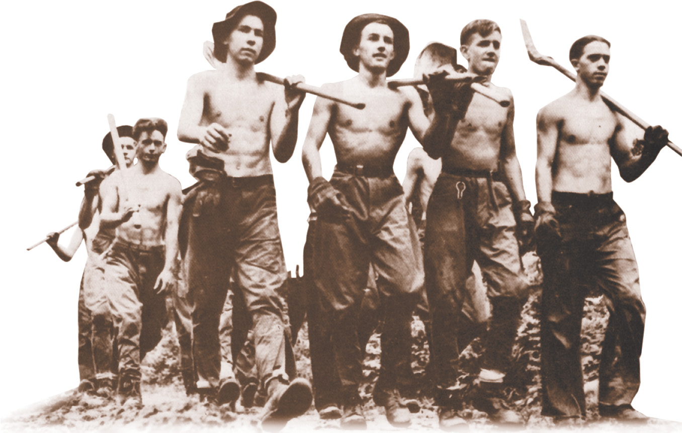Photo: A dozen young men carry shovels