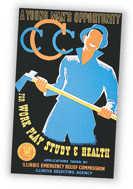 Poster: recruits young men, calling the CCC a young man's opportunity for work, play, study, and health