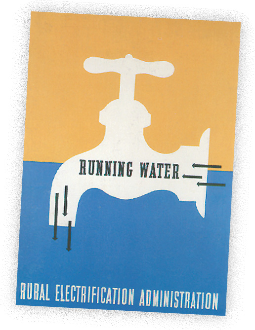 Poster: shows a faucet with the words Running Water, rural Electrification Administration