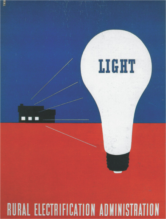 Poster: shows a light bulb labeled light, with the words Rural Electrification Administration