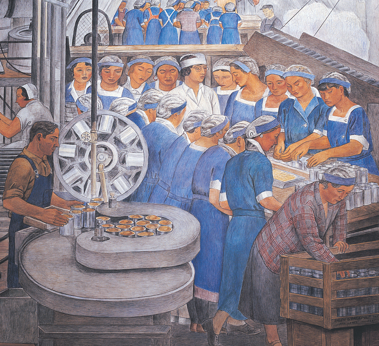 Mural: workers on an assembly line