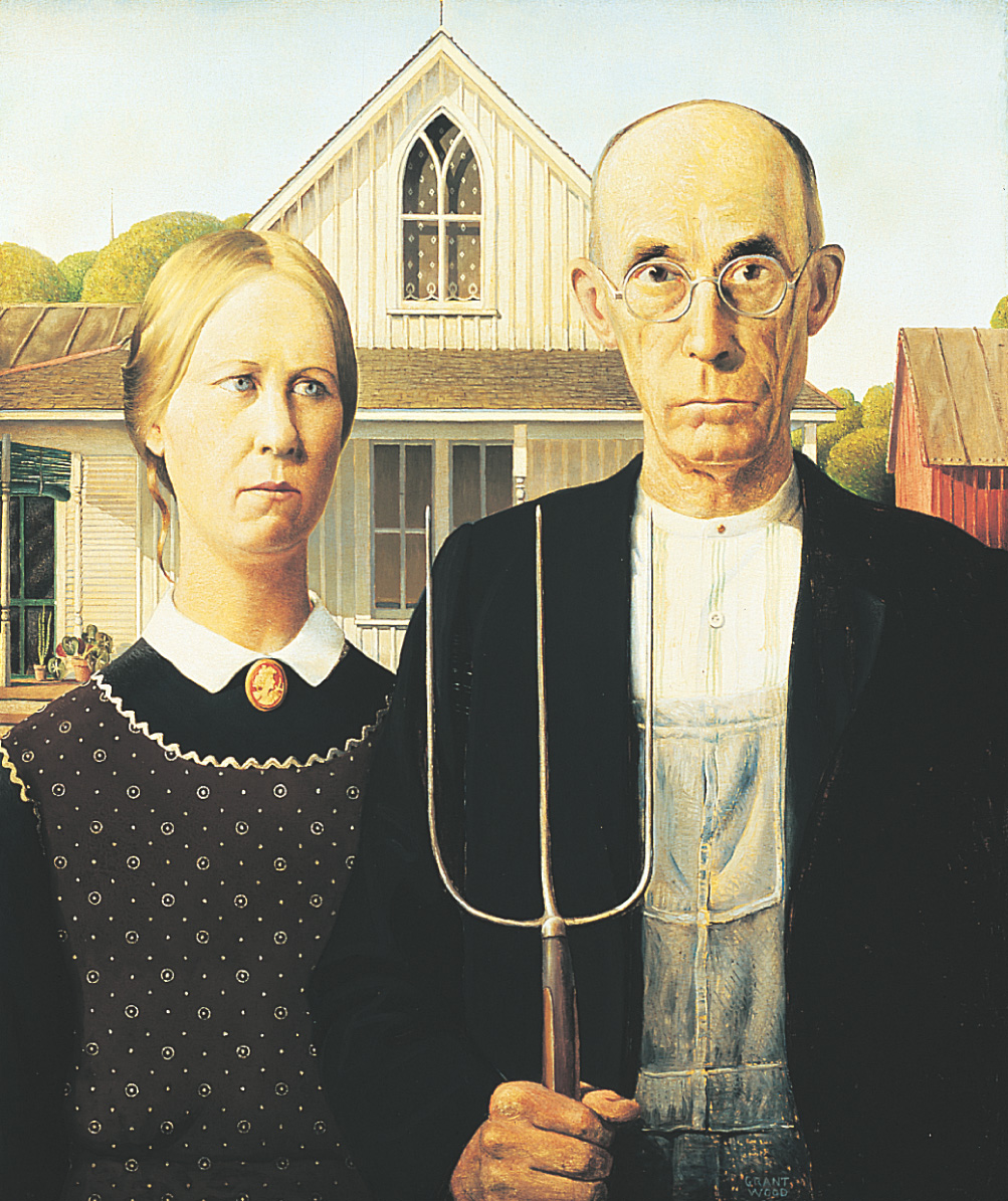 Painting: American Gothic by Grant Wood shows a couple on a farm.  The gaunt man holds a pitchfork.