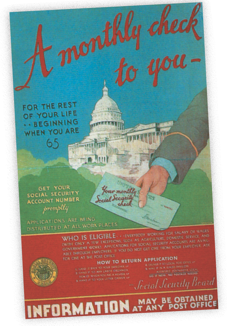 Poster for Social Security: A monthly check to you for the rest of your life, beginning when you are 65.