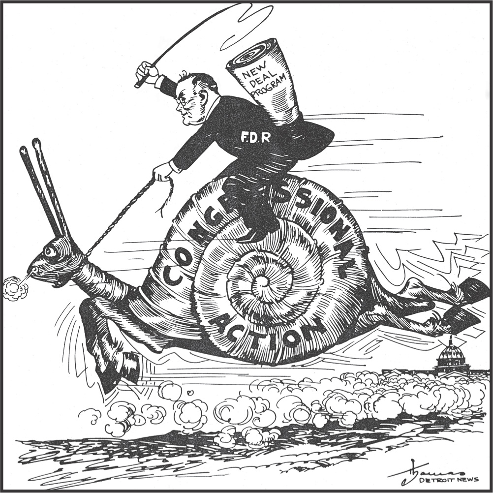 Cartoon: FDR carries a New Deal Program in his pocket as he whips a snail labeled Congeressional Action.