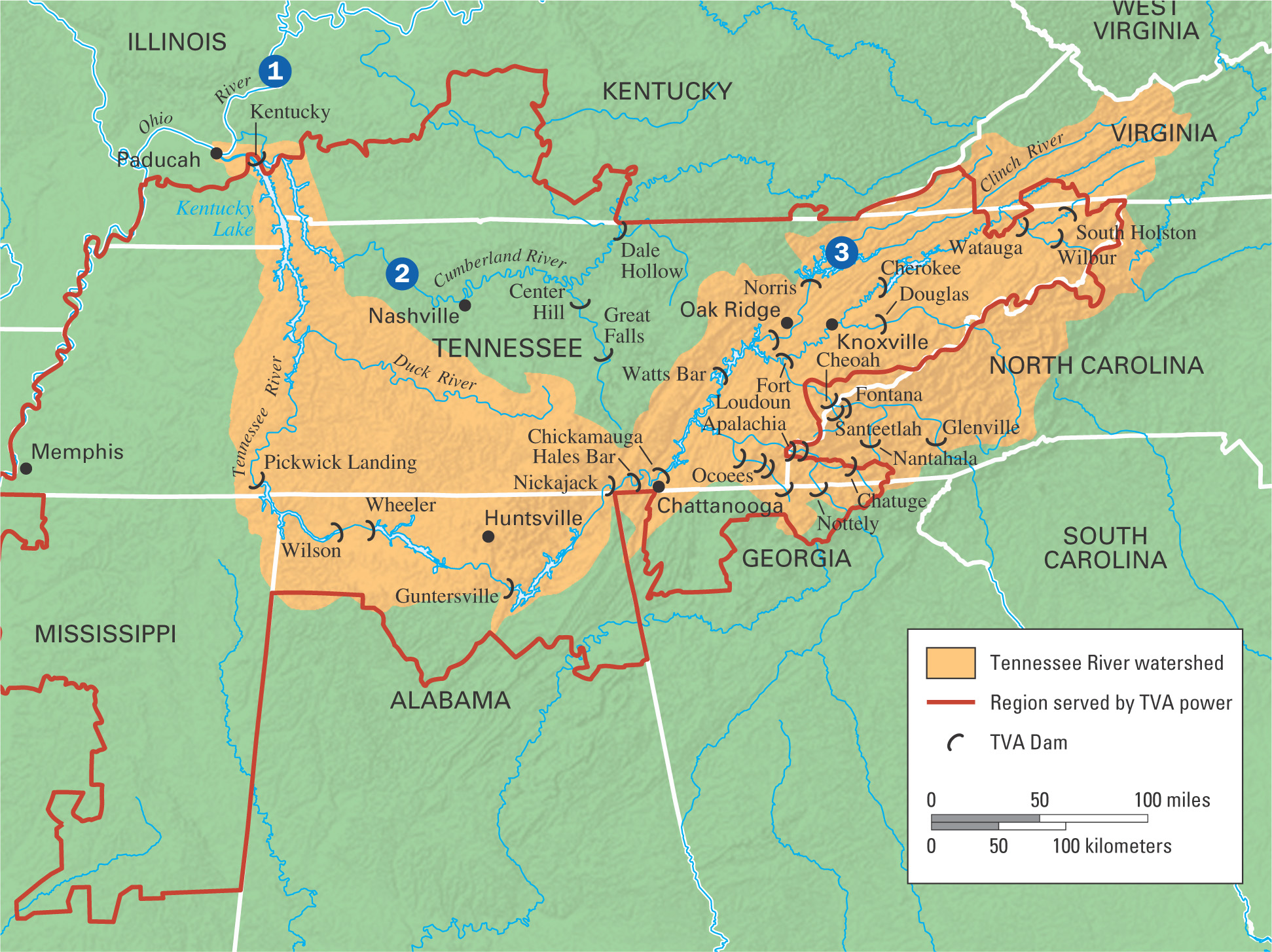 Map: shows the Tennessee River watershed, a wide area emcompassing primarily parts of Tennessee and North Carolina, the region served by TVA power, an area extending beyond the watershed into bordering states, and the location of three dams. 