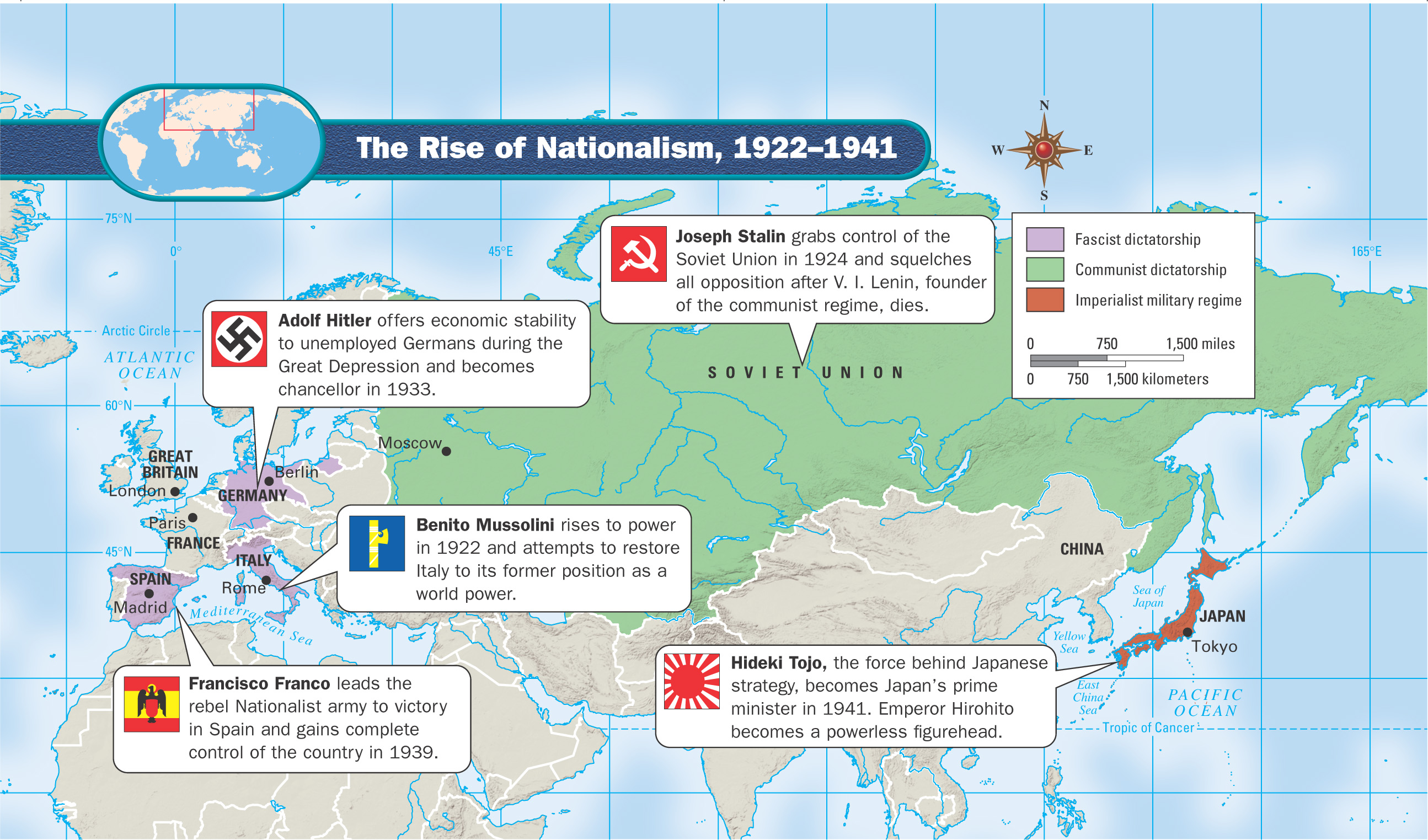 Map: The Rise of Nationalism 1922 - 1941.  Colored areas with labels show Communist dictatorship in the Soviet Union, Fascist dictatorships in Germany, Italy, and Spain, and Imperialist military regime in Japan.