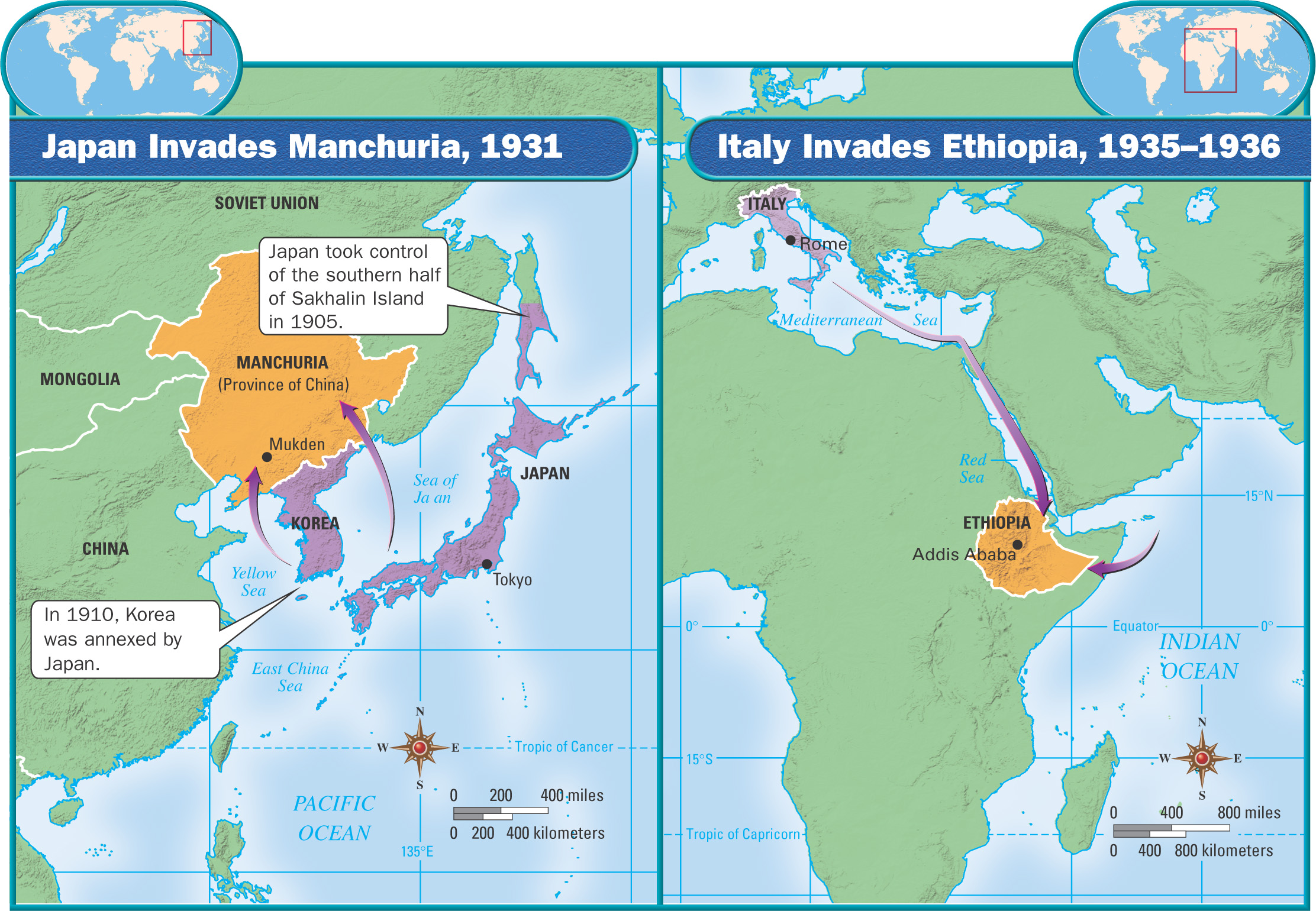 Two maps with labels: Japan Invades Manchuria 1931.  Arrows show Japan mounting its invasion through the Sea of Japan and the Yellow Sea.  Italy Invades Ethiopia 1935 - 1936. Arrows show Italy mounting its invasion through the Mediterranean Sea, the Red Sea, and the Indian Ocean.