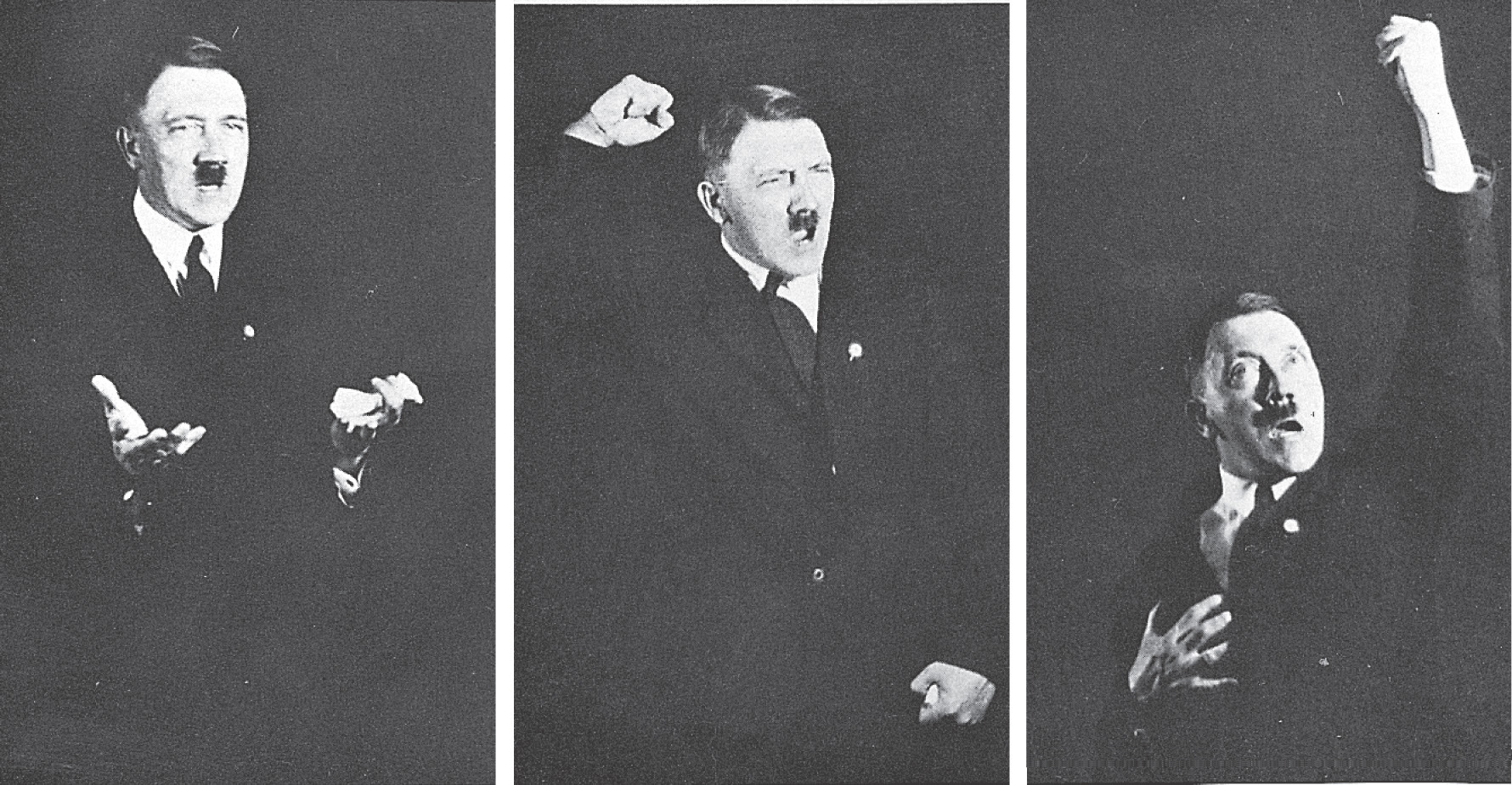 Three photos: Hitler reaches out his hands, shakes one fist, and lifts one fist into the air