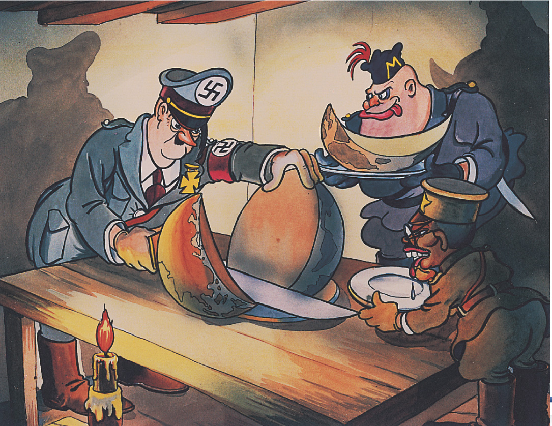 Cartoon: Hitler slices and serves parts of the world to Mussolini and Tojo