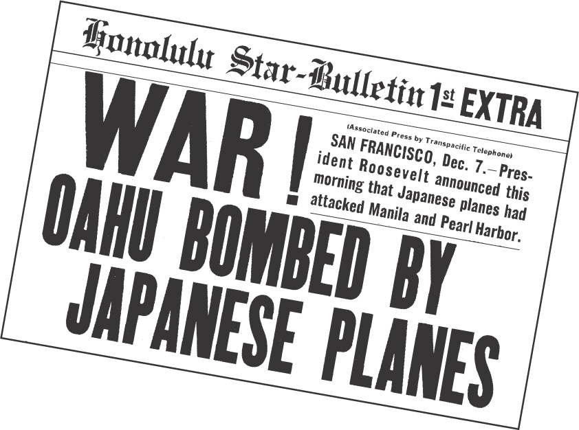 Newspaper headline: War! Oahu Bombed by Japanese Planes