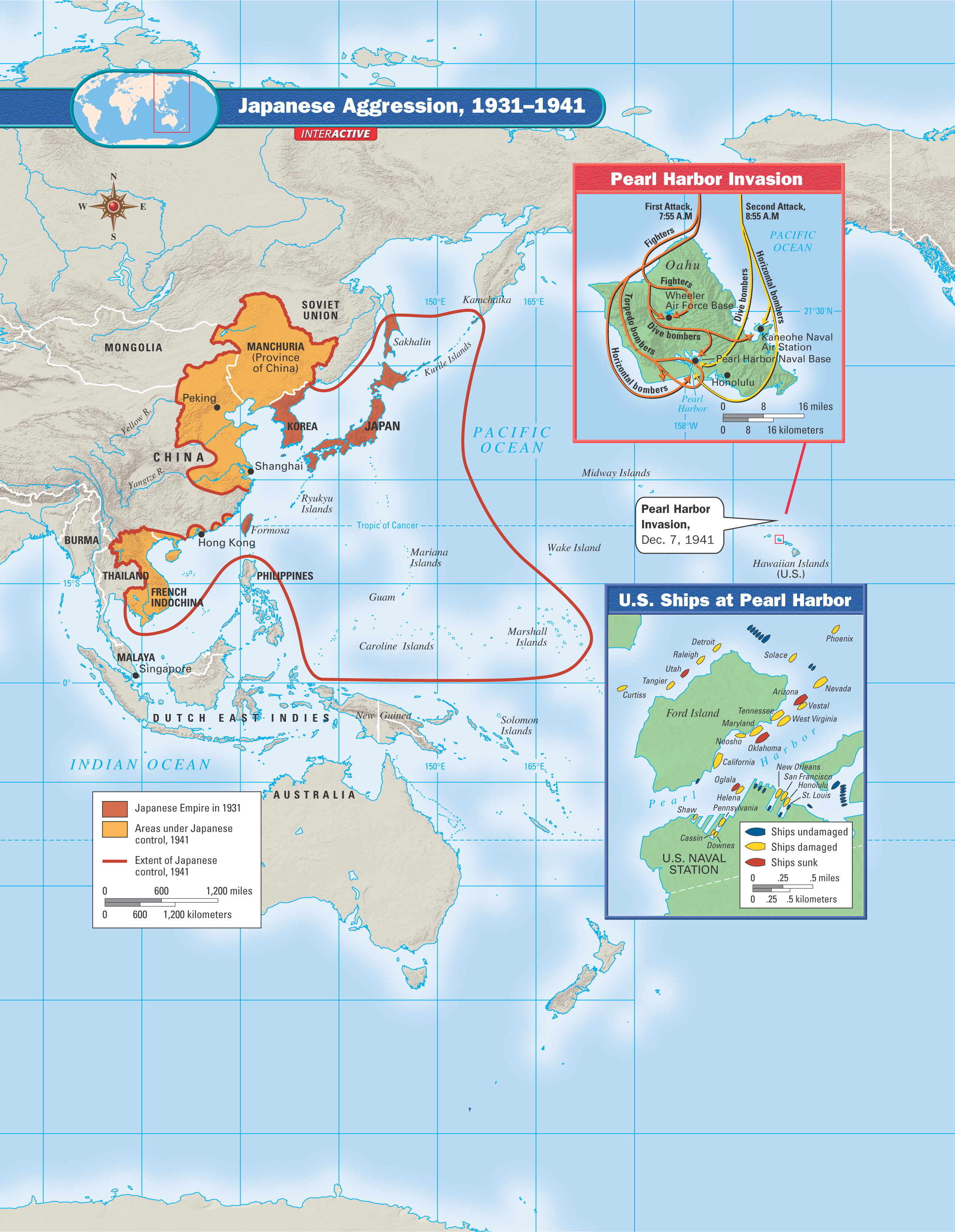 Maps: Japanese Aggression 1931 - 1941, Pearl Harbor Invasion, and U.S. Ships at Pearl Harbor