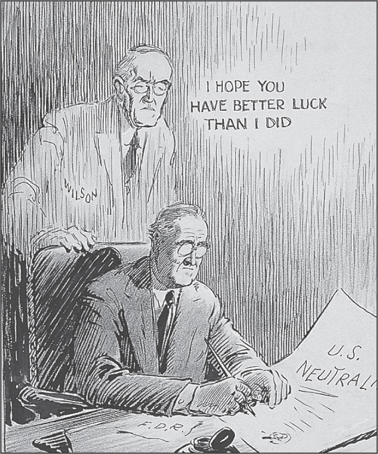 Cartoon: The ghost of Woodrow Wilson leans over FDR as he signs a U.S. Neutrality bill, saying I hope you have better luck than I did.