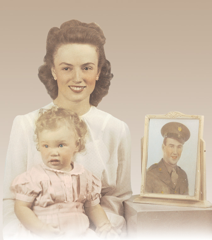 Photo: Mrs. Charles Swanson and her daughter Lynne with a photo of her husband in uniform