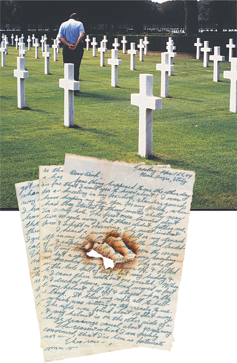 Photos: handwritten letter containing bullet holes and man visiting a cemetery