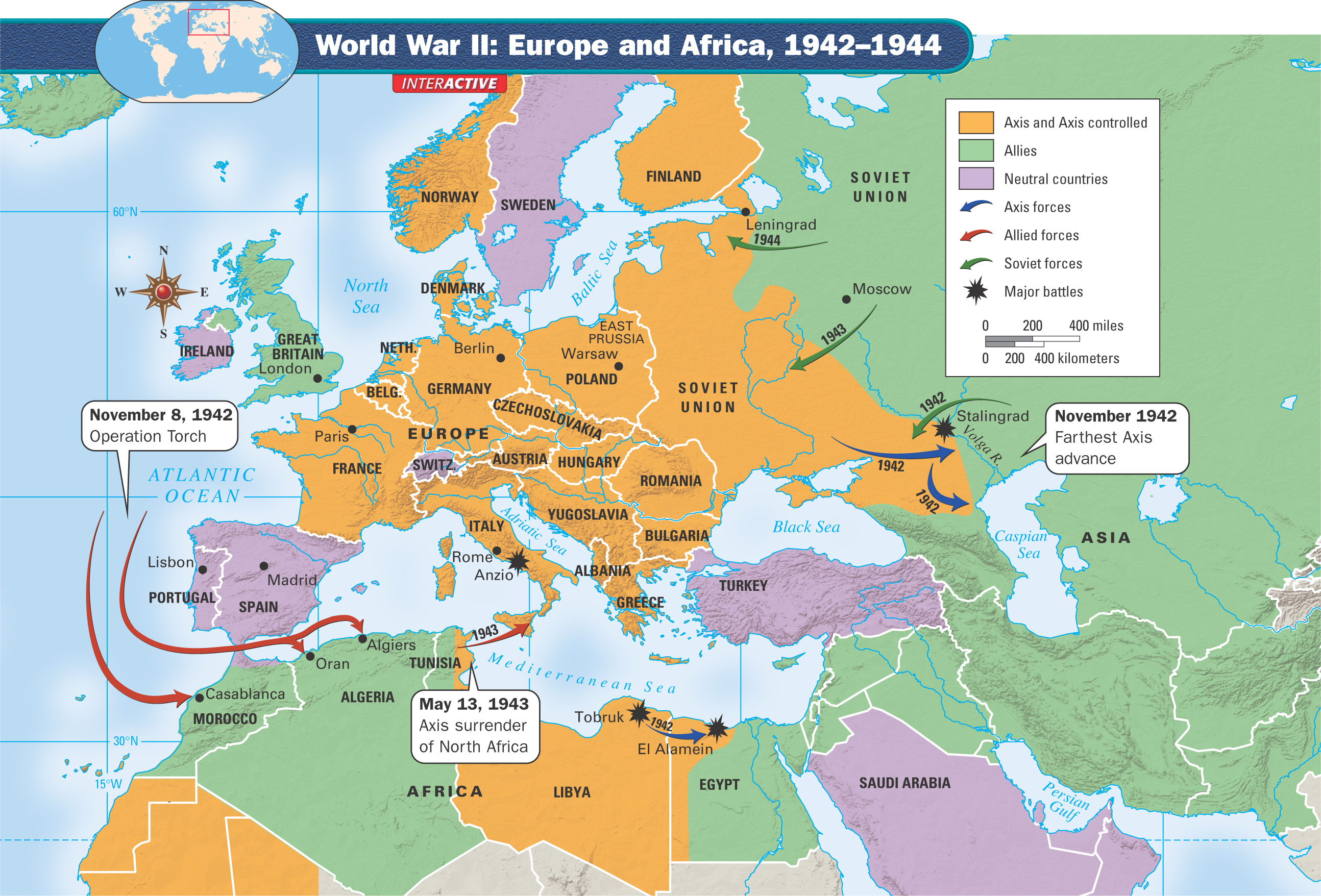 Map: World War II Europe and Africa 1942 - 1944
