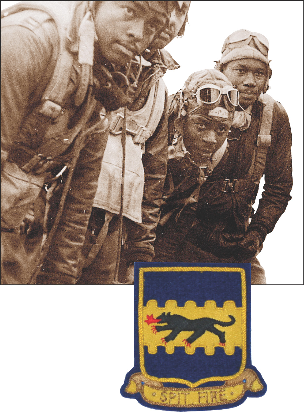Photo: African-American pilots and their Spit Fire insignia of a tiger breathing fire