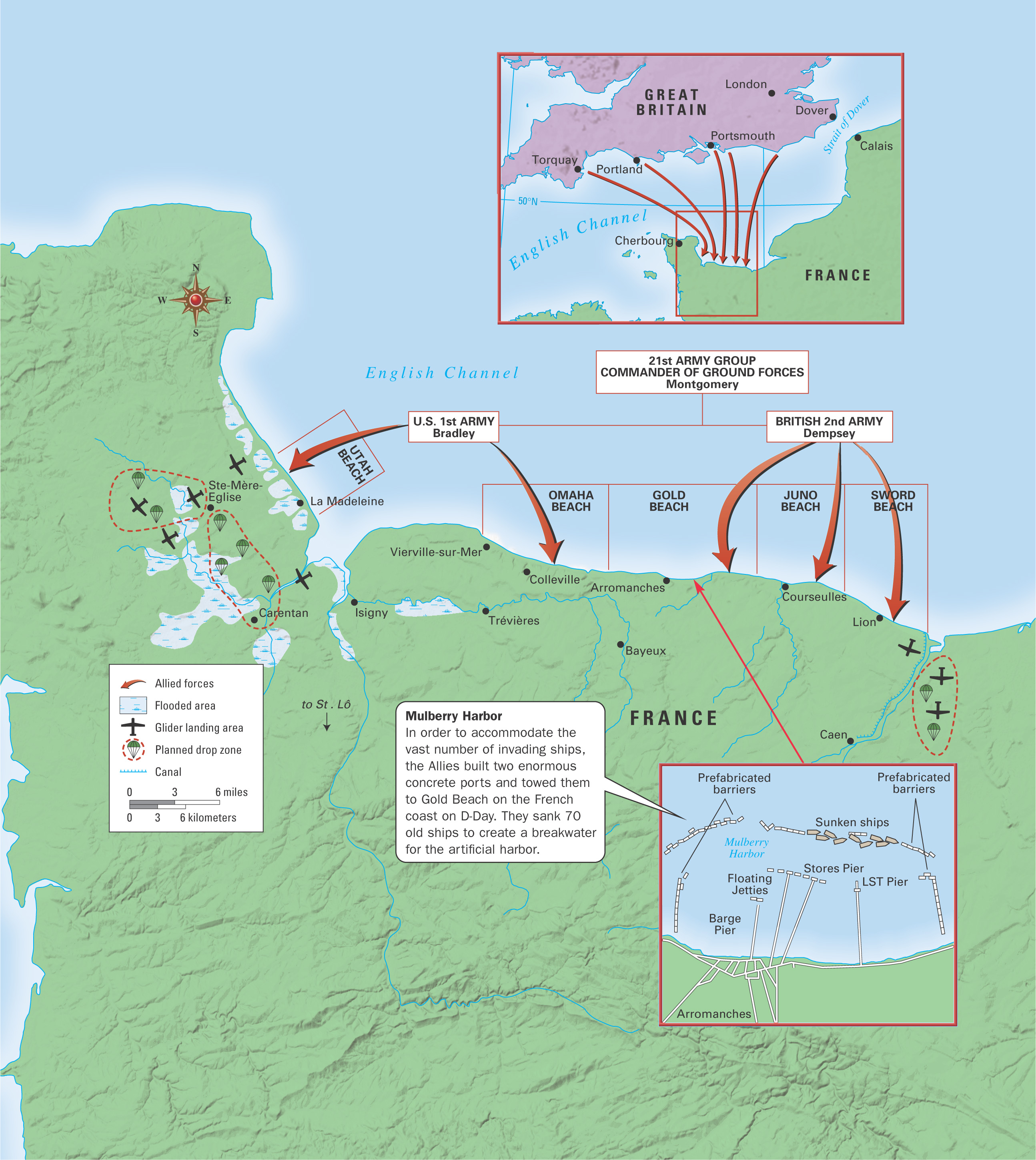 Map with 2 Map Insets: Normandy Invasions, D-Day, June 6, 1944
