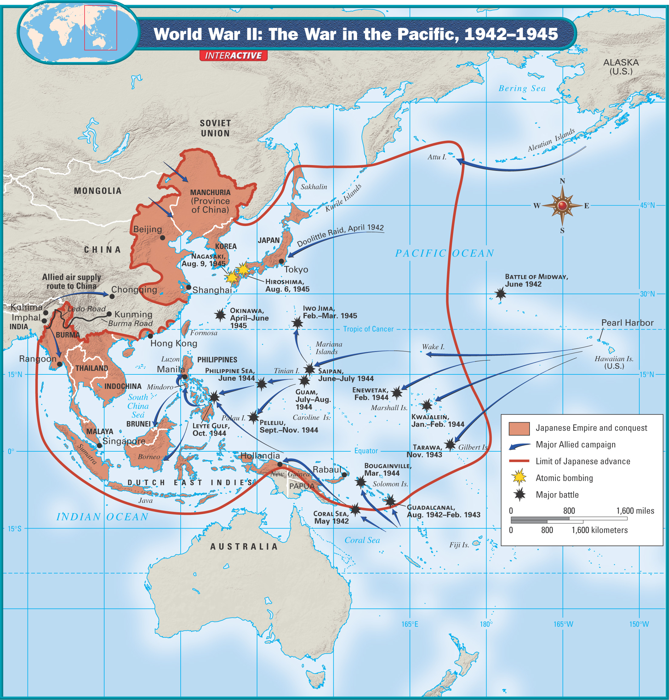 Map: World War II, The War in the Pacific 1942 - 1945