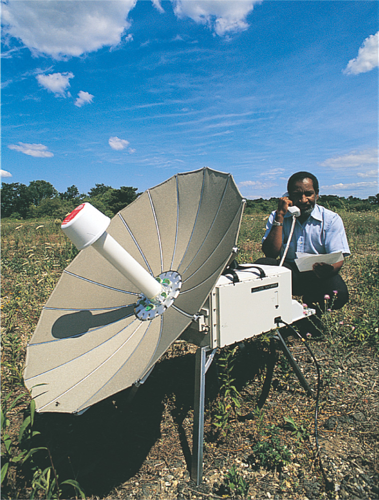 Photo: researcher with small satellite dish and equipment in a field