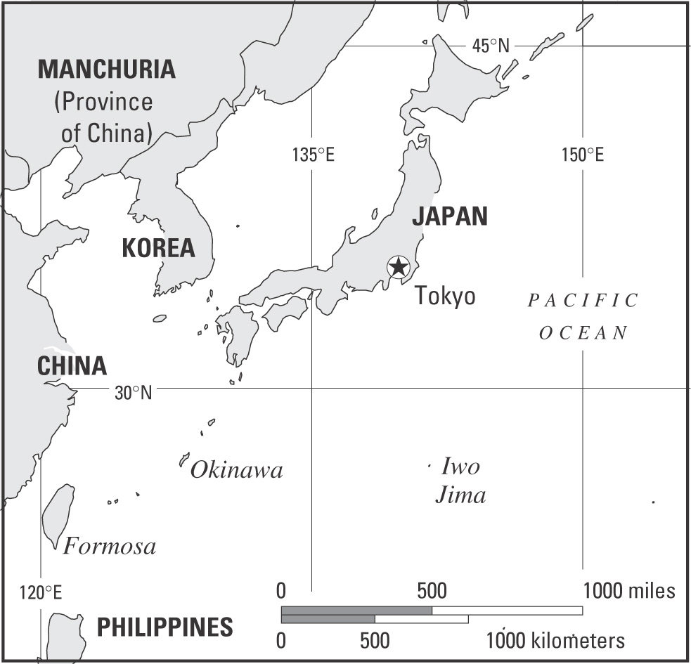 Map: Japan and surroundings, shows Iwo Jima and Ikinawa just south of Japan in the Pacific Ocean