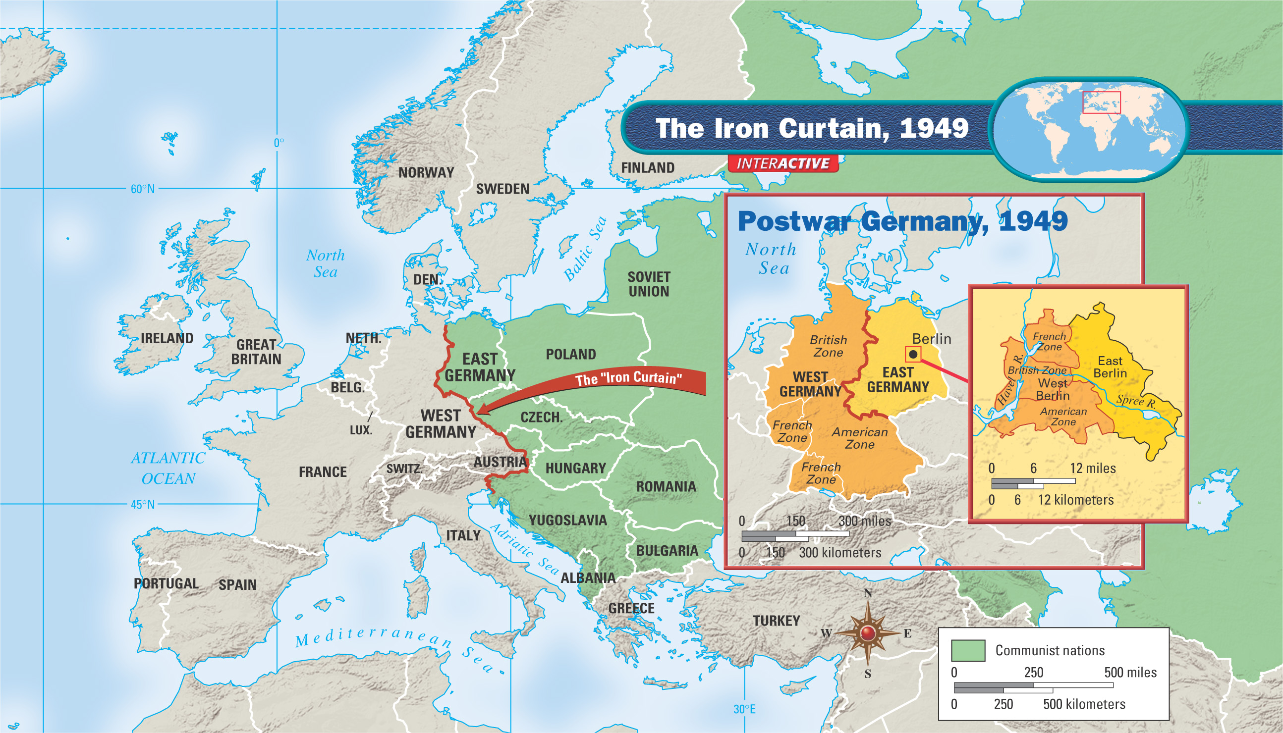 Map: The Iron Curtain 1949 with inset Postwar Germany 1949