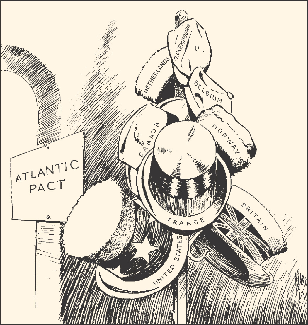 Cartoon: Next to a doorway labeled Atlantic Pact, hats on a hatpole have labels.  From bottom to top: United States and Britain, France, Canada and Norway, Belgium, Netherlands, and Luxembourg.