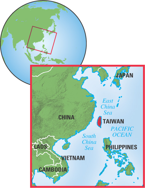 Map: Taiwan in relation to China, Laos, Vietnam, Cambodia, Japan, and Philippines