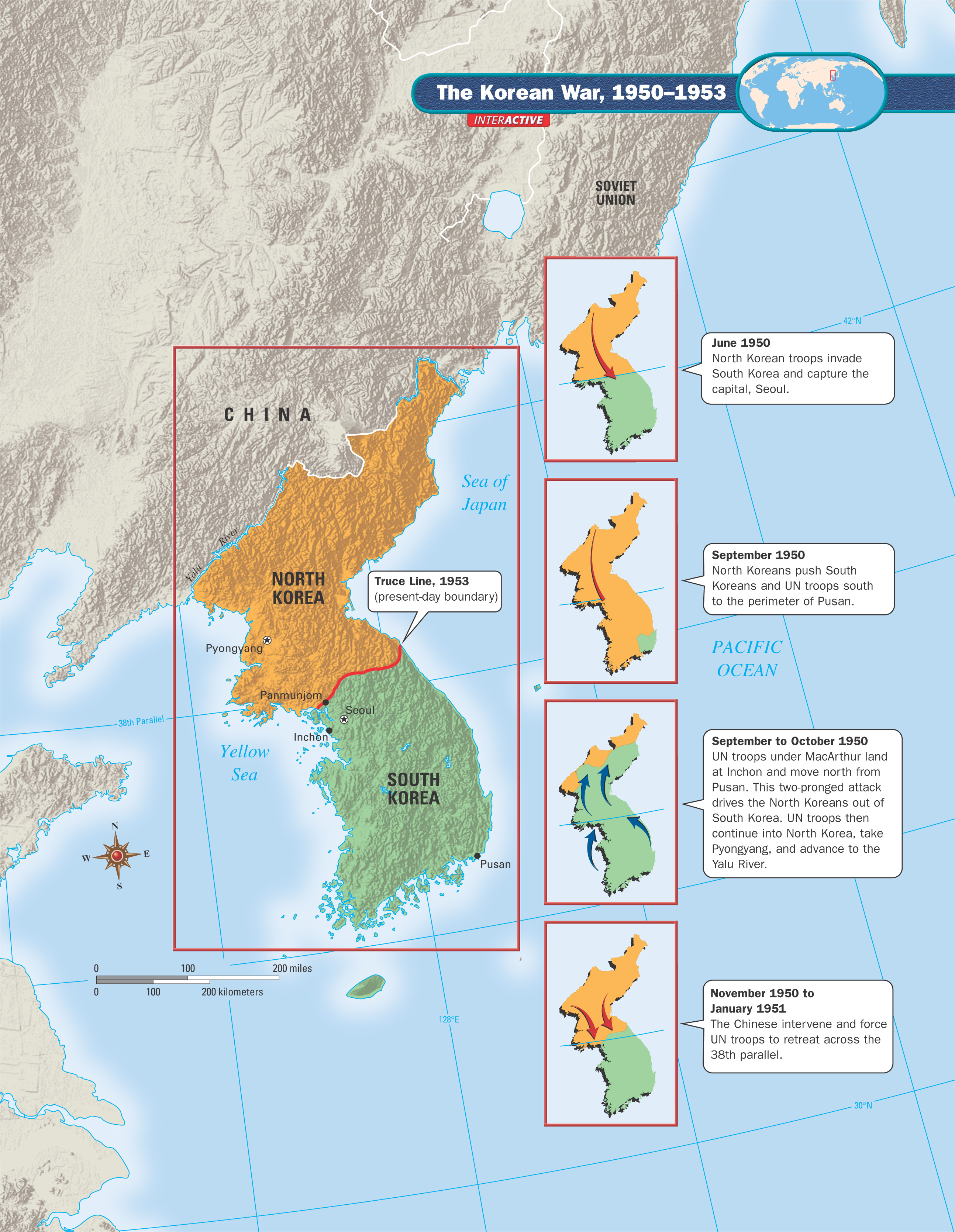 Map: The Korean War 1950 - 1953, with four insets shows troop movements between North and South Korea.  Main map shows the 1953 Truce Line, the present-day boundary, dividing the long land mass into North and South Korea.