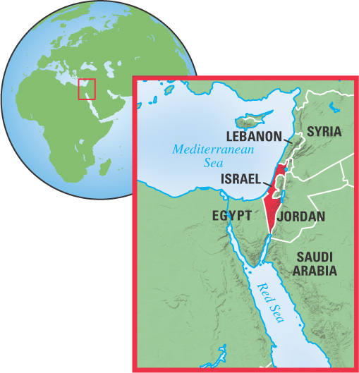 Map: shows Israel in relation to Lebanon, Syria, Jordan, Saudi Arabia, and Egypt