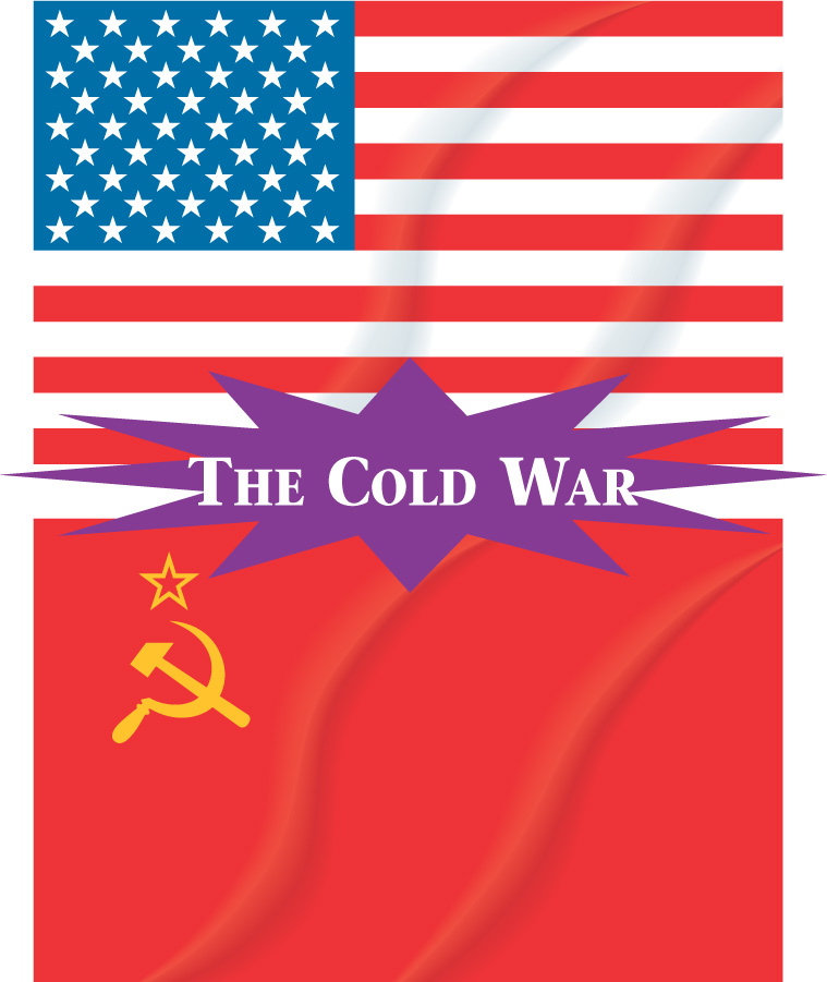 Illustration: Words reading The Cold War separate the American flag from the Soviet flag