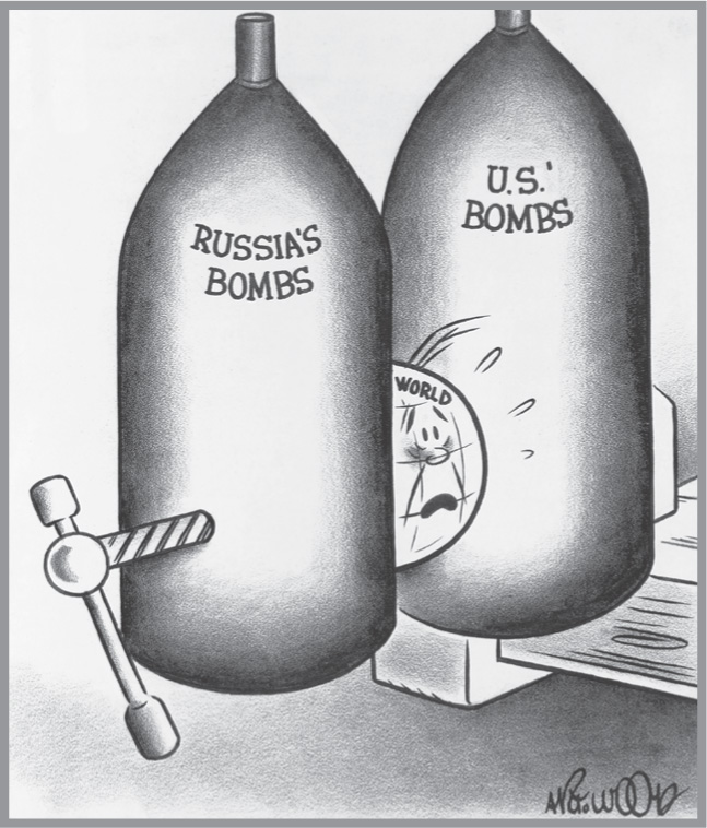 Cartoon: The World is caught in a vise, depicted by two bombs labeled Russia's and U.S.